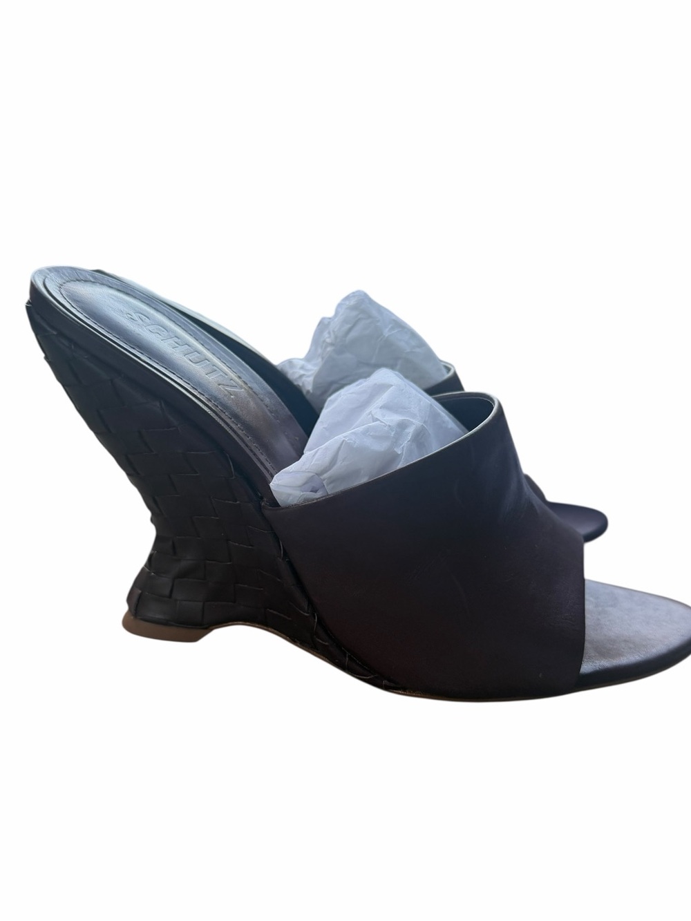 SCHUTZ Black Woven-Effect Leather Wedge Slide